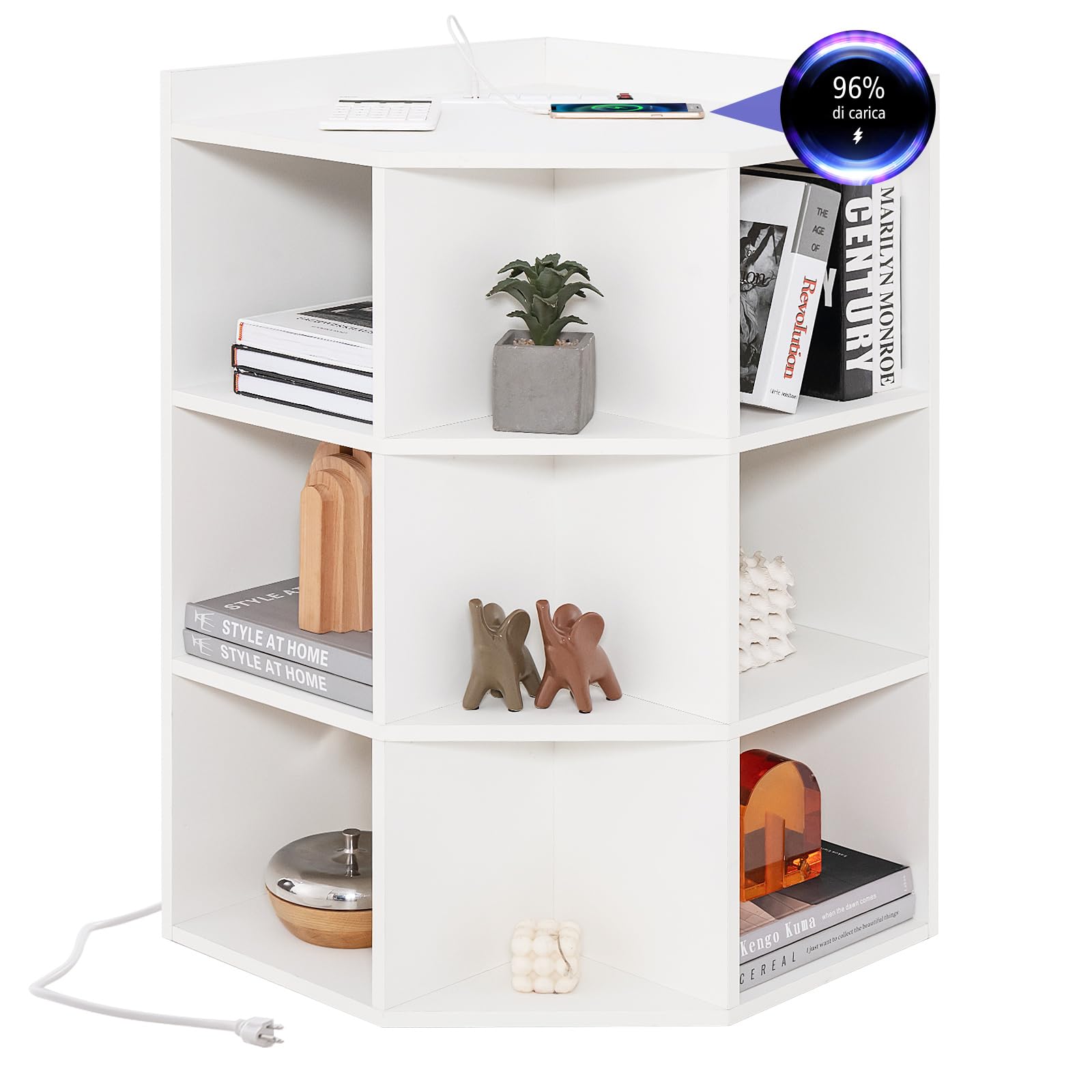 COSTWAY Mobile ad Angolo a 3 Livelli in Legno, Libreria Angolare Aperta con Stazione di Ricarica 9 Cubi 2 Porte USB e 4 Prese, Adatto per Spazi Ridotti, 51x71,5x86 cm (Bianco)