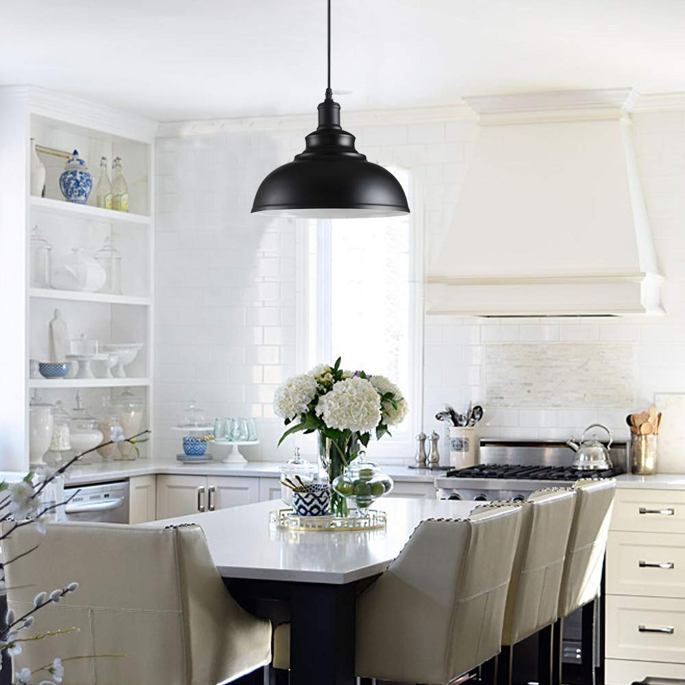 iDEGU Lot de 2 Suspension Luminaire Industrielle Lustre Plafonnier Vintage E27 Rétro Métal Lampe de de Plafond pour Cuisine Salle à Manger Salon Restaurant, Diamètre 29 cm (Noir Blanc)