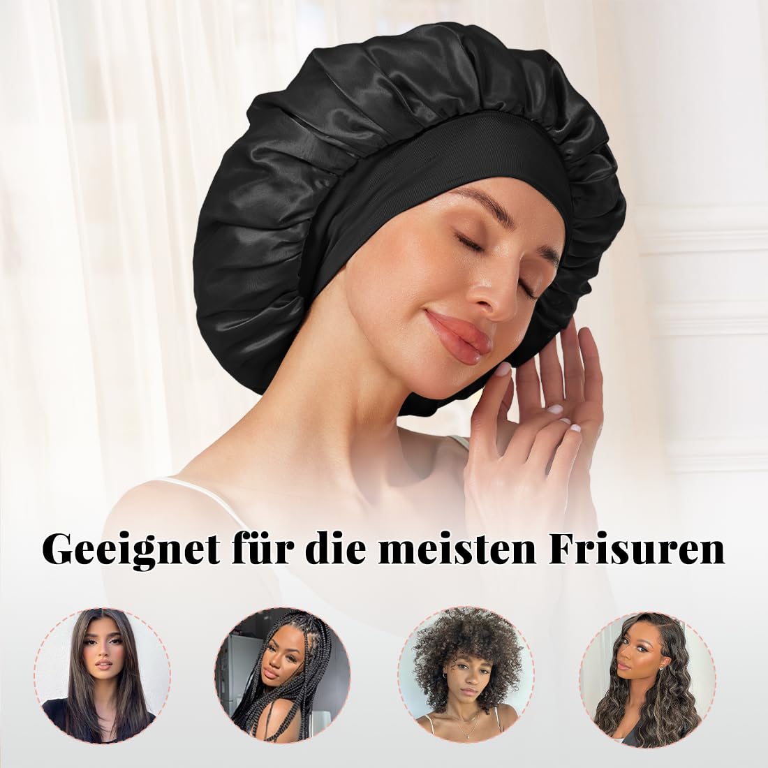 Satin-Seidenhaube zum Schlafen für Damen, Haarhaube zum Schlafen mit Gummiband, große Seidenhauben für Männer und Frauen, lockige Haarzöpfe (schwarz + rosa), 2 Stück