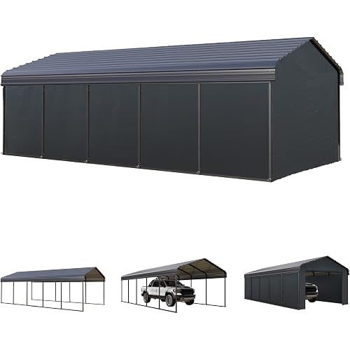 Carport 12x25 ft, Heavy Duty Car Ports Porable Garage Kit Shed Tent Shelter Metal Frame All Weather Outdoor for Boat with Removable Sidewalls, Grey