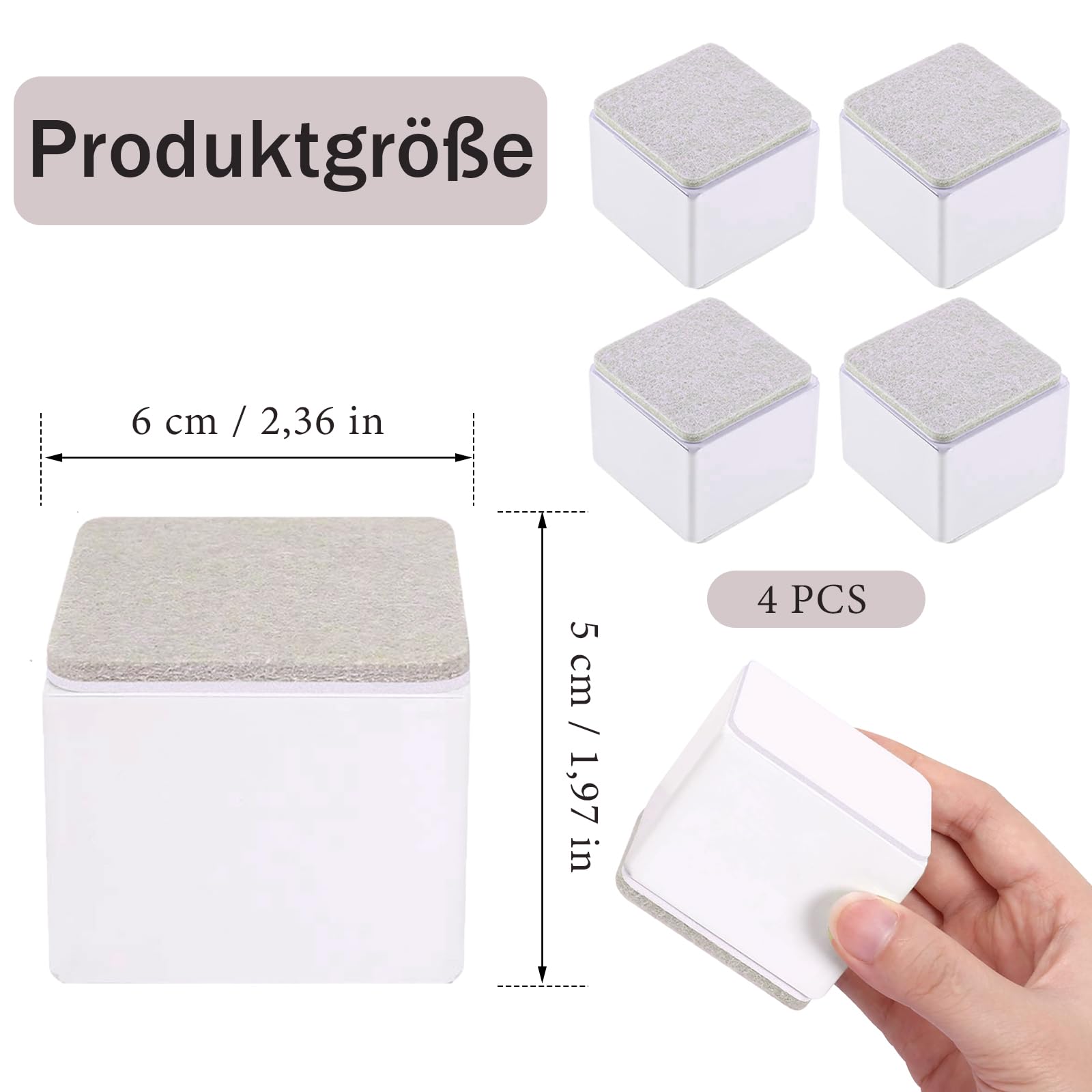 Möbelerhöhung aus Karbonstahl, 4 Stück Selbstklebende Möbelerhöhung, Etterhöher, Tischerhöher, Schwerlast Betterhöhung, Durchmesser 6 cm, Fügt 5 cm Höhe zu Betten Sofas, Quadrat, Weiß