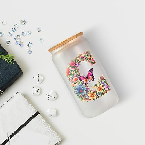 Miniatura 6 de GSPY Vasos de vidrio con inicial de 16 onzas con tapas y pajitas, tazas personalizadas, regalos con monograma para mujeres, vaso de flores y