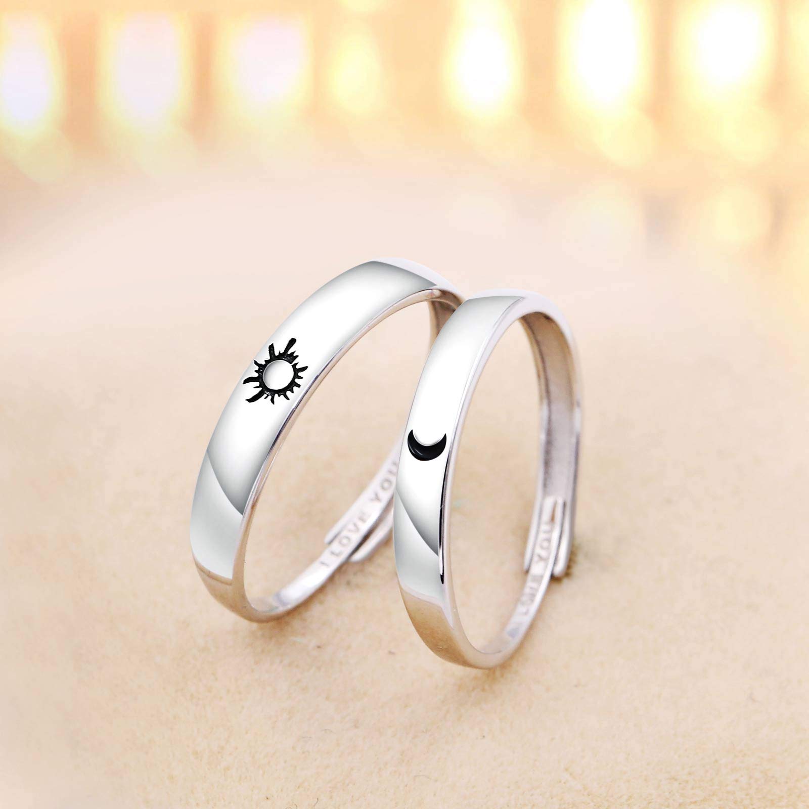 Beydodo Eheringe 925 Silber Paarpreis, Verlobungsring Paar mit Gravur I Love You Sonne Mond Trauringe Nickelfrei Partnerringe Verstellbar Ringe Set