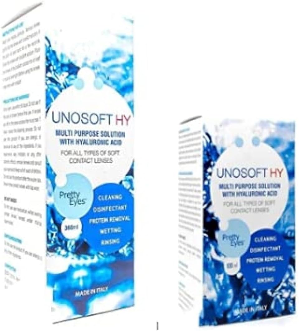 Unosoft Hy contact lens cleaning Solution for protein removal disinfecting, cleaning, storing and hydrating all soft clear and color contact lenses 360 ml