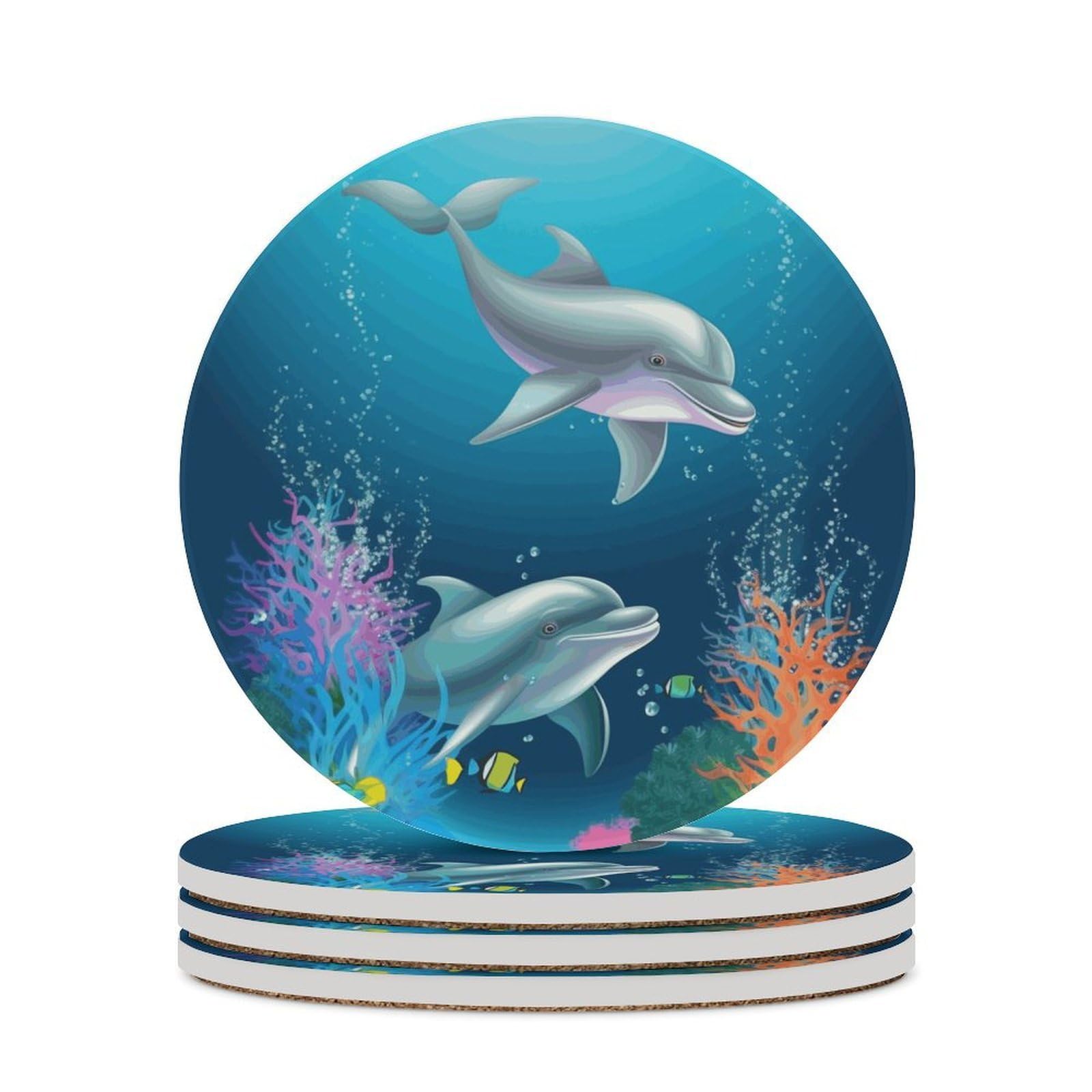 Dolphin and Fish Coaster with Cork Base Drink Coasters for Coffee Table Decor Modern Cup Coasters with Non-Slip & Heat-Resistant Cute Ceramic Table Coaster for Home Dining