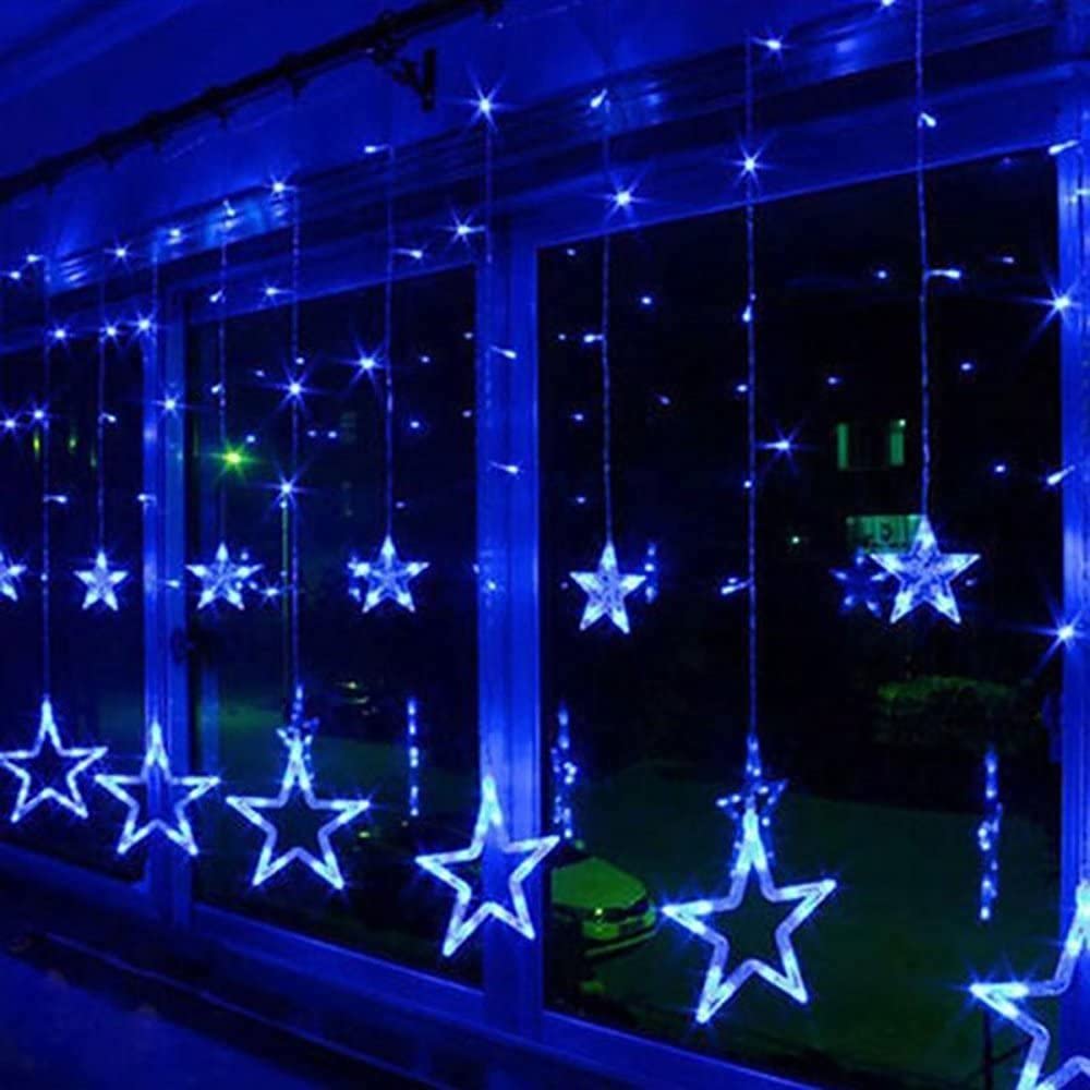 Cadena de luces LED para cortina, funciona con pilas, 2,5 m con 12 estrellas, 138 luces LED, 8 modos de luces de Navidad para árbol de Navidad, fiesta, boda, dormitorio, decoración de Navidad (azul)