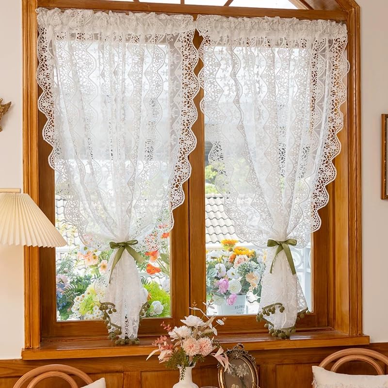 Devola Visillo de estilo rústico, corto, cortina de cocina, de encaje, con bordado, vintage, 130 x 130 cm, color blanco, 1 unidad