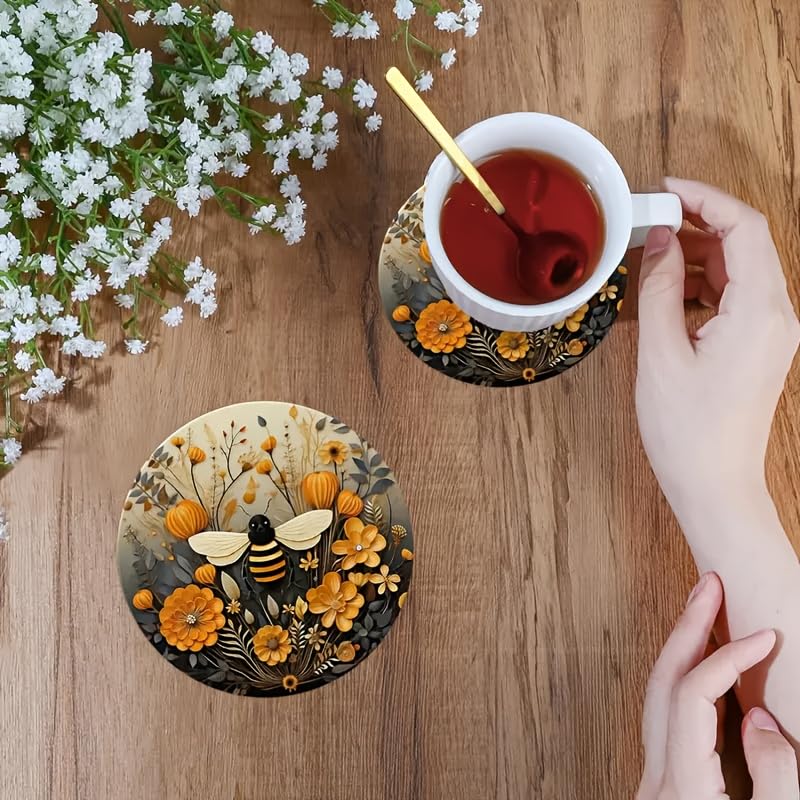 Image of 6pcs Bee & Floral Wooden Coasters Set - Hand Washable, 4 inch Decorative Drink Mats for Coffee & Glassware - Ideal for Christmas, Valentine's Day, Mother's Day, Father's Day, Easter