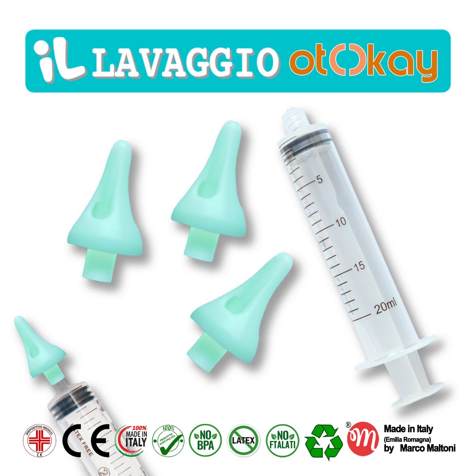 IL Lavaggio Orecchie OtOkay by Marco Maltoni – 3 Morbide Punte a Getto Quadruplo Indiretto con Sfoghi di Sovrappressione e 1 Siringa da 20 ml