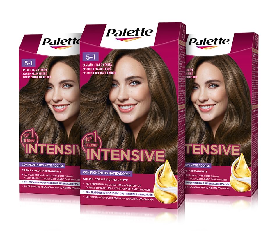 Palette Intensive Creme Color 5-1 Castaño Claro Ceniza, tinte de pelo permanente con aceite de macadamia y almendras, cubre el 100% de las canas y raíces, para un color, Pack 3