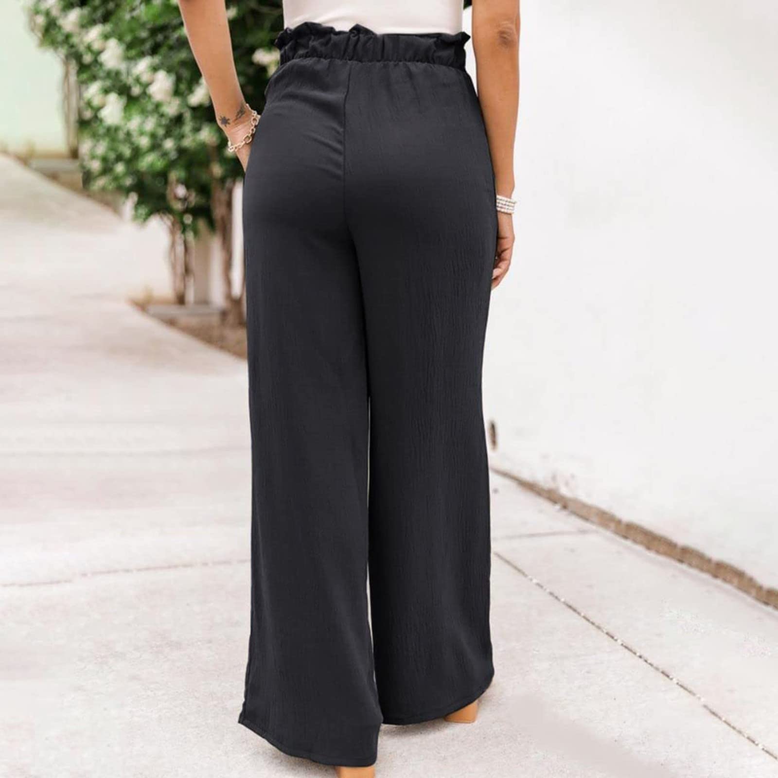 Pyjama pour femme - Pantalon court à manches longues - Pantalon à jambes larges - Taille haute - Ceinture nouée - Pantalon palazzo - Baggy - Pantalon de plage fluide - Été - Décontracté - Avec vélo