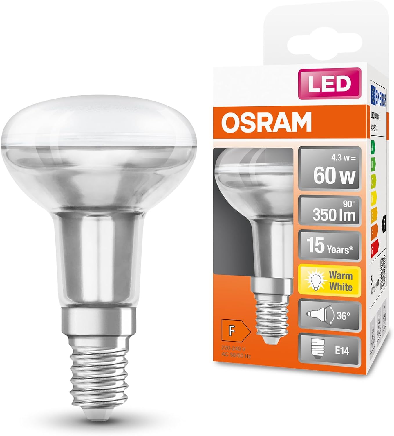 OSRAM Led Star R50 Led Lamp for E14 Socket, Reflector Lamp, Glass Design, 350 Lumens, Warm White (2700K), Replacement for Conventional 60W Light Bulbs, Not Dimmable, 1-Pack