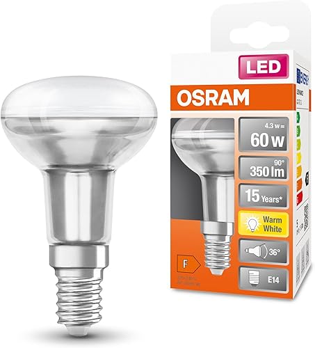 Osram Bombilla LED Star R50 para enchufe E14, lámpara reflectora, diseño de cristal, 350 lúmenes, blanco cálido (2700 K), repuesto para bombillas