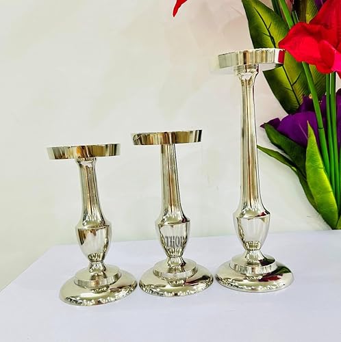 Miniatura 6 de Juego de 3 portavelas de pilar plateado, portavelas de metal, candelabros decorativos para mesa, chimenea, comedor, fiesta, centros de mesa de boda,
