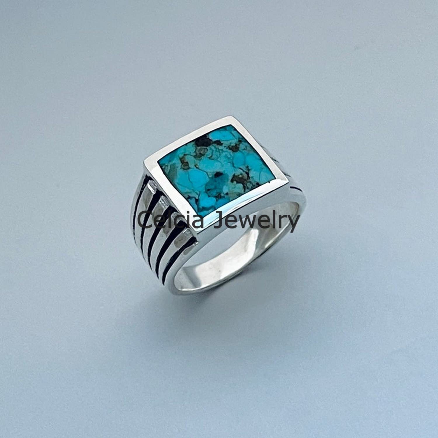 Echter Türkis-Edelstein-Unisex-Ring, Siegelring, Statement-Ring, schwerer Herren-Geschenkring, einzigartiger Vater-Mutter-Geschenkring, schöner Dezember-Geburtssteinring