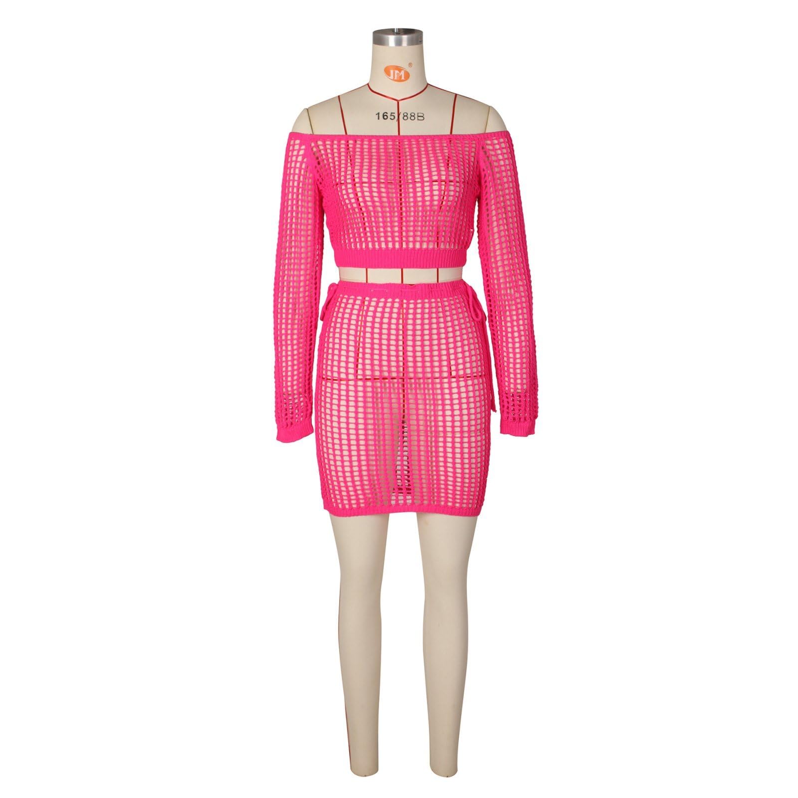 Donne Uncinetto Coprire Due Pezzi Abiti Manica Lunga Crop Top E Coulisse Mini Gonne