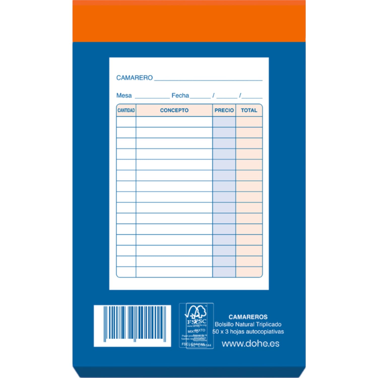 Dohe - Talonarios Camareros (10 uds.) - 50 Hojas Triplicadas (50 Hojas con 2 Copias), Tamaño Bolsillo 8,5x14 cm, Blocs Comanderos Hostelería, Restaurantes, Bares, Material de Oficina