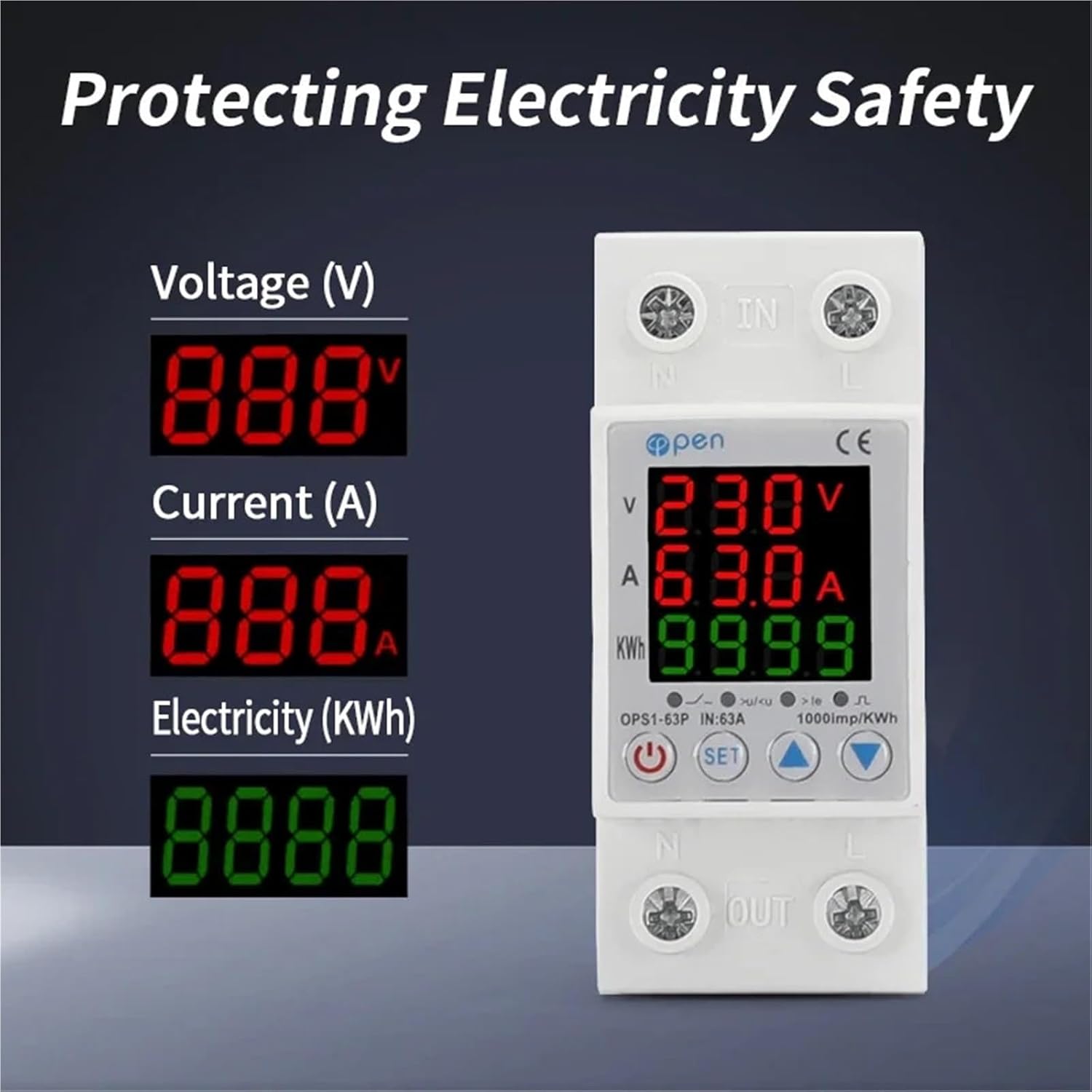 Diagram illustrating the display readings for Voltage, Current, and Electricity (kWh) on the ESXSWYDR OPS1-63P.