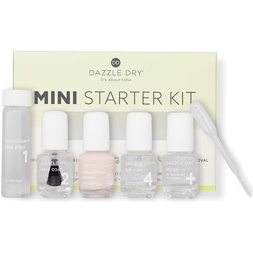 Dazzle Dry Complete Starter Mini Kit | Step 1 - Nail Prep, Step 2 - Base Coat, Step 4 - Top Coat, Transform - Ridge Filler & Revive - Polish & Top Coat Thinner.