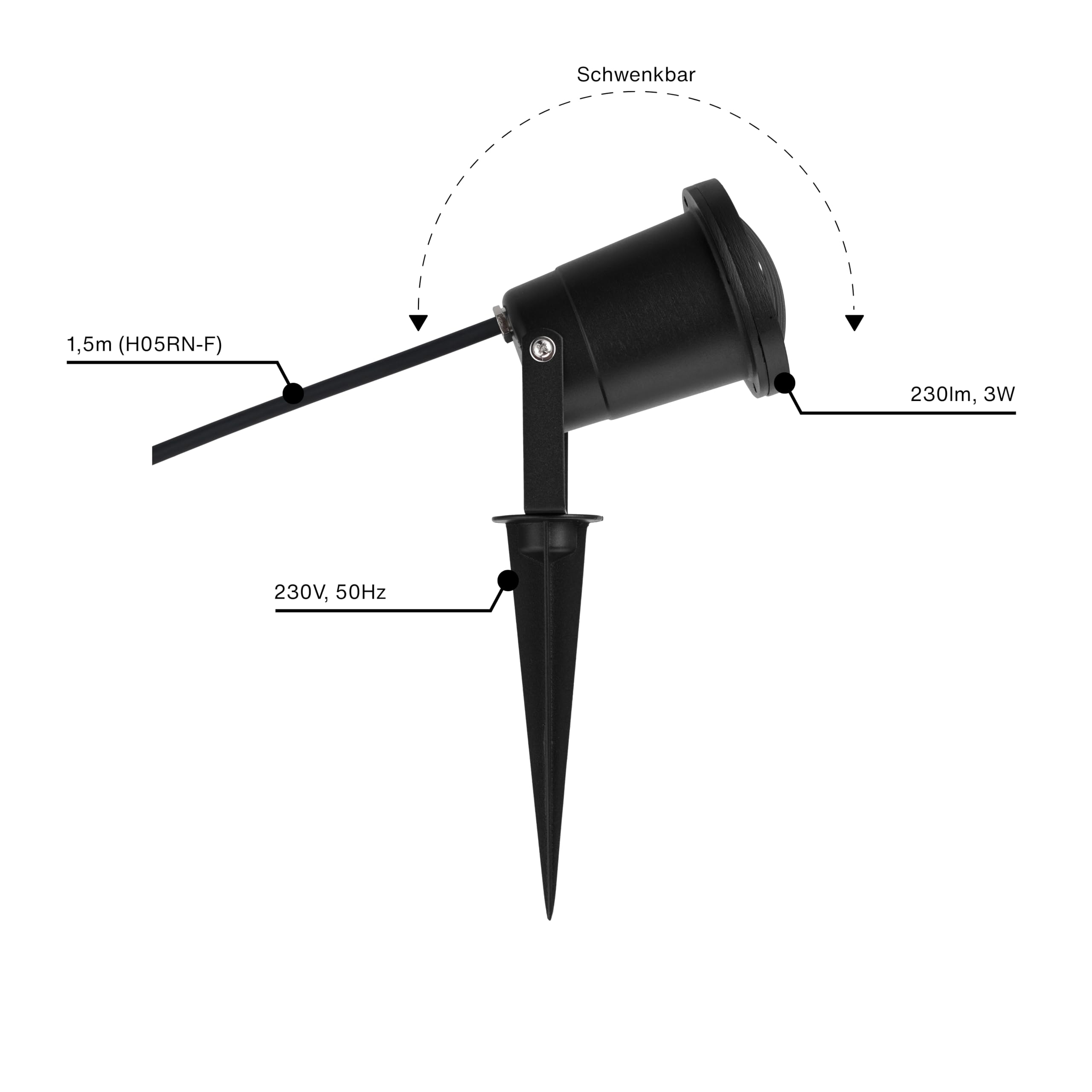 REV Juego de iluminación de jardín (12 luces orientables para senderos, carcasa de aluminio IP65, 230 lm, 3 W, cable de 1,5 m, altura de 32 cm, color negro)