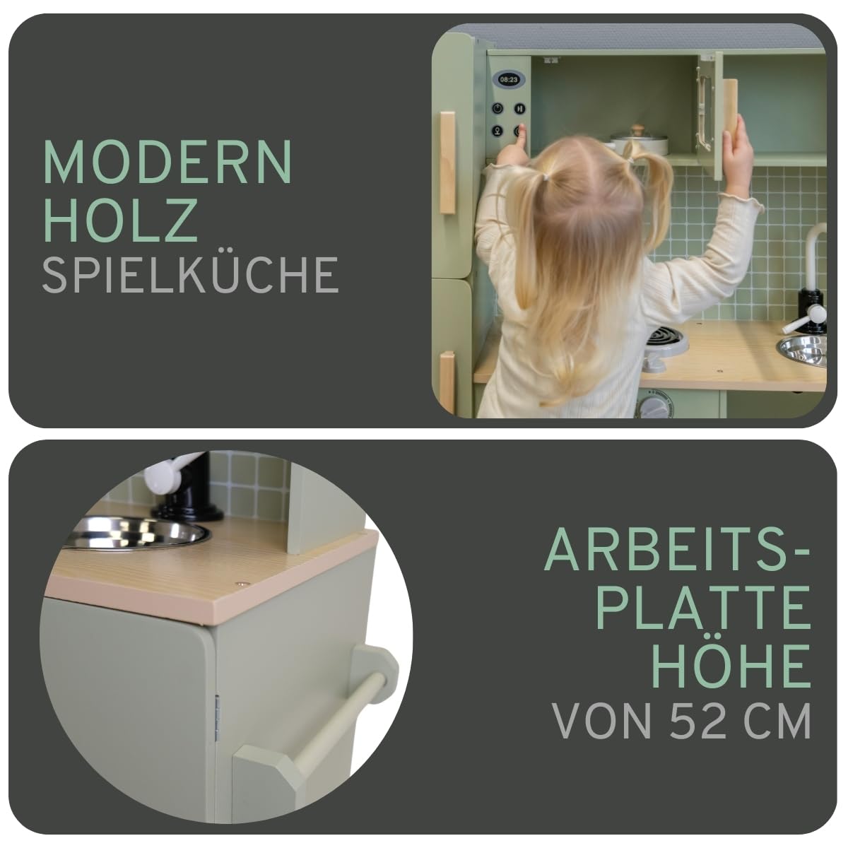Bandits & Angels Holz-Kinderküche XL Modern Green ab 3 Jahren – Thekenhöhe 52 cm – Inkl. 5 Zubehörteile - Für Jungen und Mädchen - Kinderküche - Spielzeugküche - Grüne Spielküche