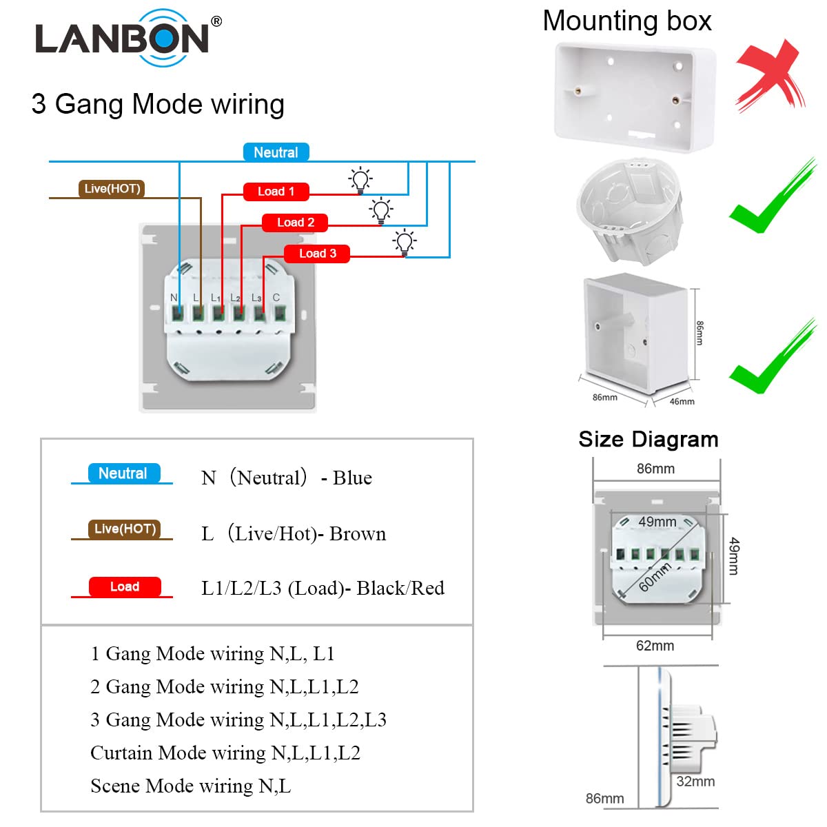 LANBON Interruptor inteligente, interruptor inteligente 5 en 1 LCD WiFi para luz y cortina, nunca sin conexión, compatible con Alexa y Google Home, cable neutro requerido (blanco)