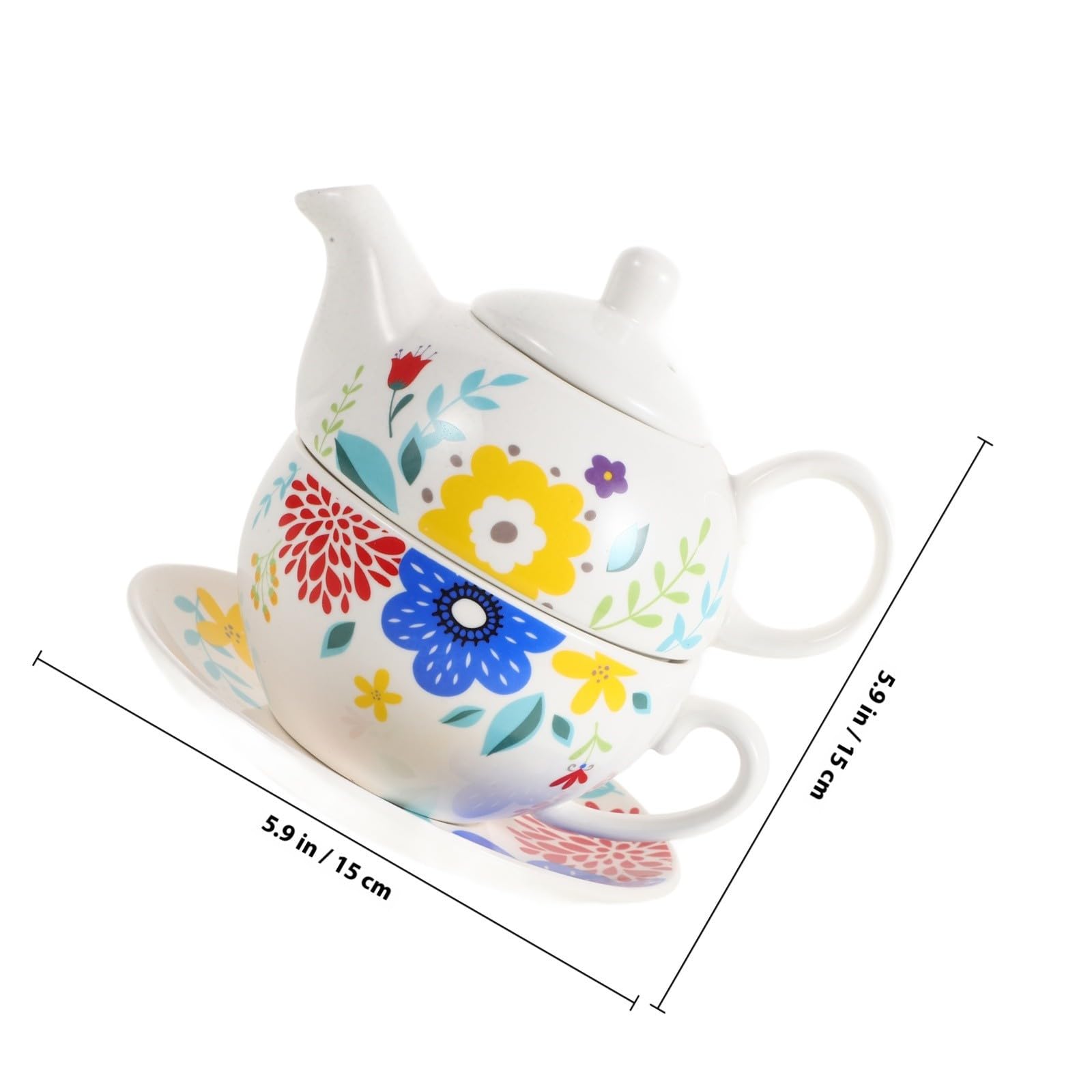 Juego de Té Portátil de Cerámica con Tetera de 480 Ml | Incluye Taza de 350ml y Platillo, Estilo Retro Clásico con Superficie Brillante y Delicada
