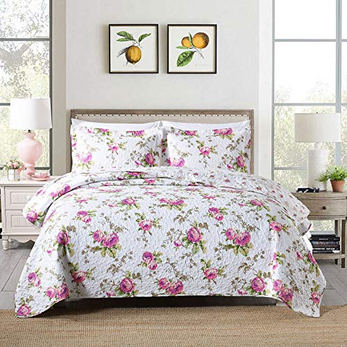 Greagle Queen Size Quilt Set, Lightweight Rose Printed Full Size Bedspread Coverlet Set With 2 Pillow Sham, (Pink Rose, 90X90 Inches) #TOP1