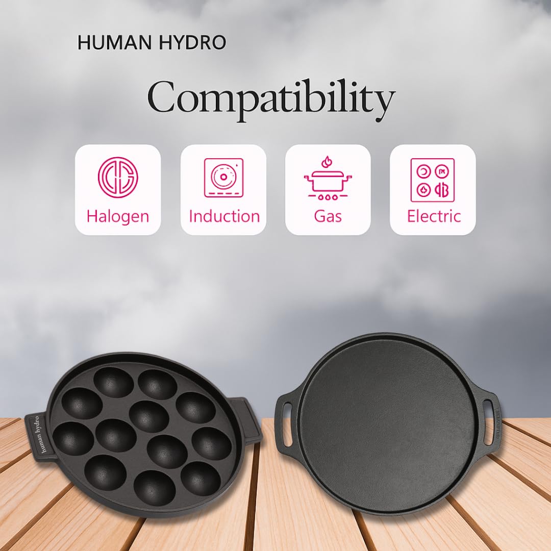 Human Hydro Cast Iron Cookware Set, 30cm Dosa Tawa and 12-Pit Paniyaram Pan with Glass Lid 1