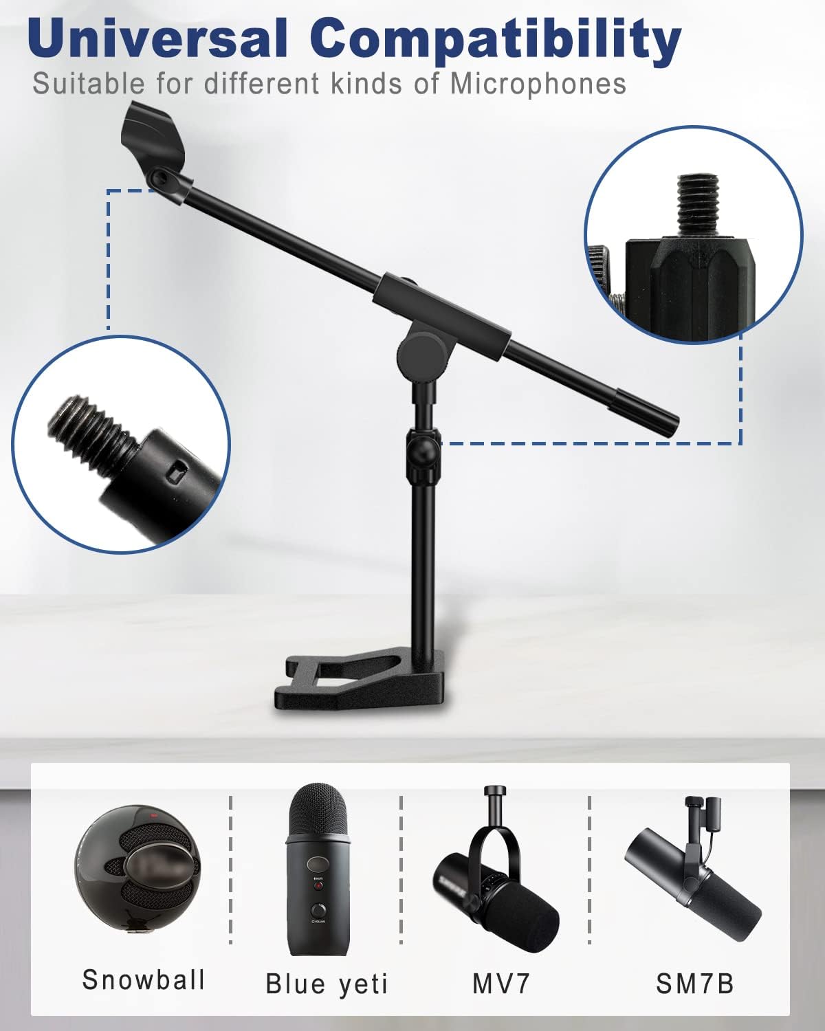 Desktop Microphone Stand, Adjustable Mic Stand with Boom Arm, Mic Clip Holder and 3/8" to 5/8" Screw Adapter for Dynamic Microphone and Blue Snowball, Blue Yeti, Kick Drums, Guitar Amps
