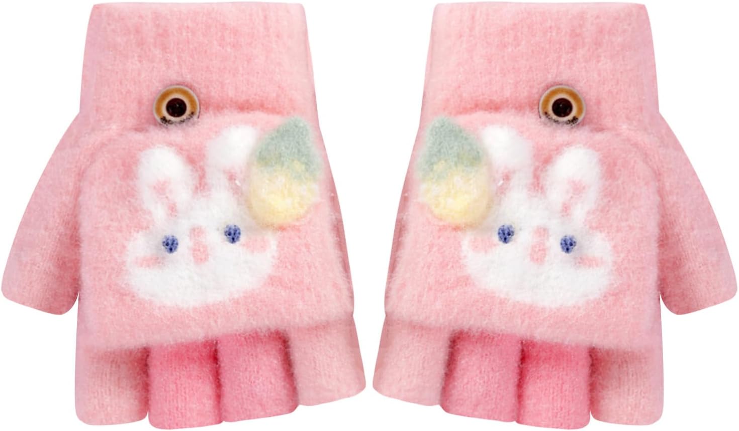 Clobeau Winter Kids Rabbit Fingerless Gloves Knit Convertible Flip Top Gloves with Mitten Cover for Boys Girls 4-8 Years