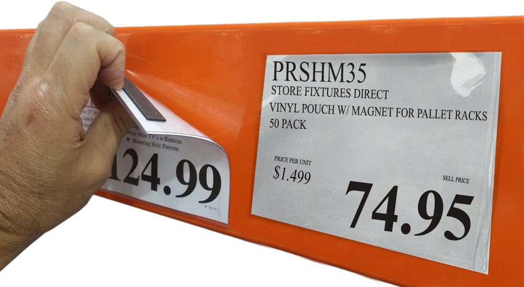 Pallet Rack Sign Holder Kit Clear Vinyl Pouch with Magnet for 4" H x 6" L Cards - 50 Pack