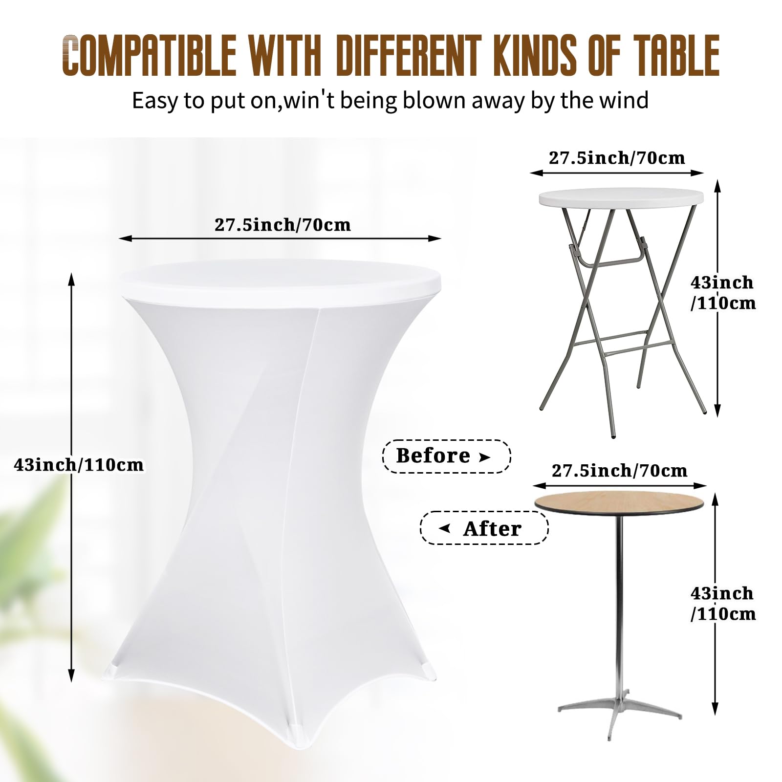 Pesonlook Paquete de 6 manteles elásticos de elastano con esquinas cuadradas de 70 x 110 cm, color blanco, para mesa alta, mantel redondo para cóctel, bar, boda, cóctel, fiesta, banquete (blanco)