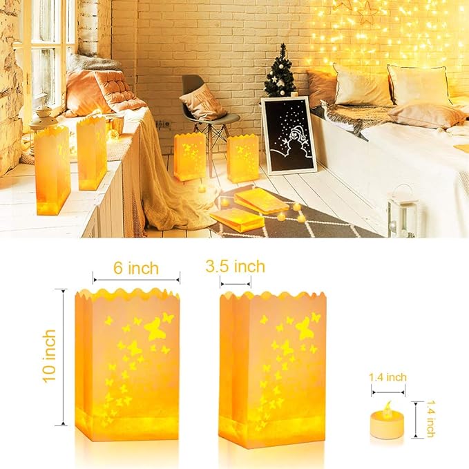 AceList 50 PCS Butterfly Luminary Bags & 50 PCS Battery Tea Lights, White Luminary Bags with Flameless Candles, LED Lamp Holiday Gift Flameless LED Tealight for Outdoor Christmas Thanksgiving Decorations photo 5