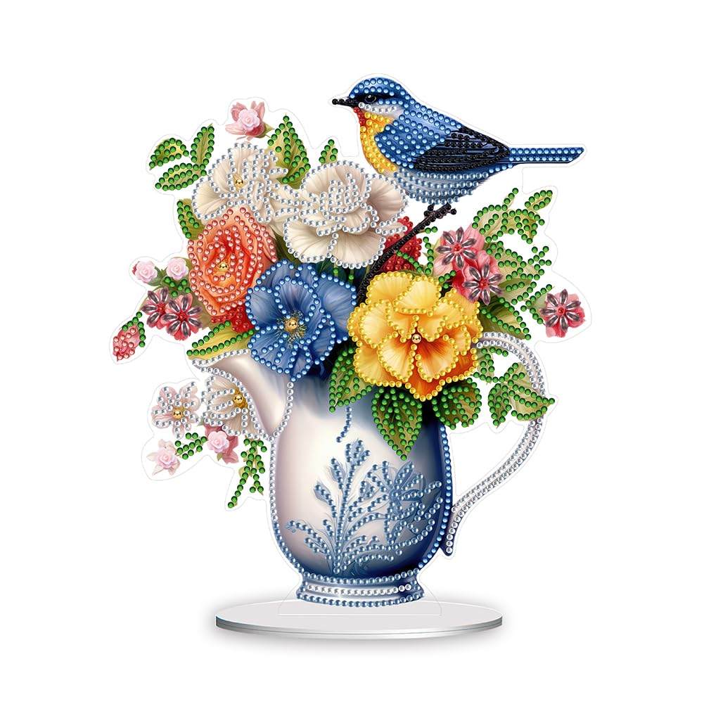 Fiorky Acrylic Bird Flower Vase Diamond Painting Tabletop Ornaments Kit Animal 5D DIY Diamond Art Tabletop Decorations Handmade Diamond Painting Desktop Decorations Bedroom Table Decoration