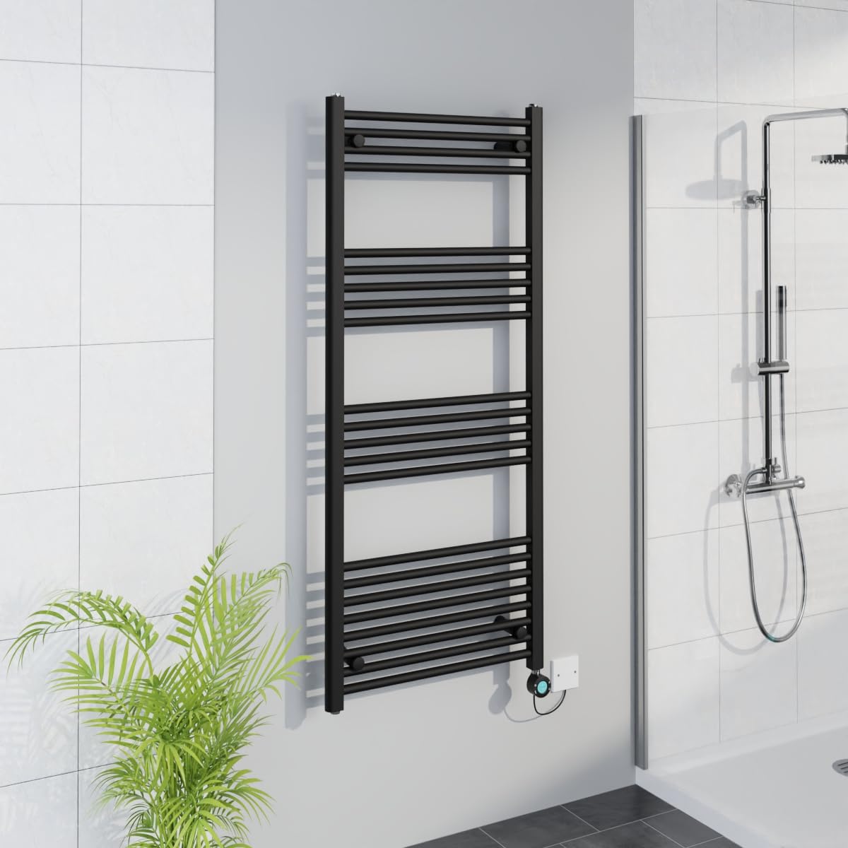 Warmehaus Smart WiFi Thermostatic Electric Bathroom Straight Heated Towel Rail Warmer Radiator with Timer 1400x600mm - Black