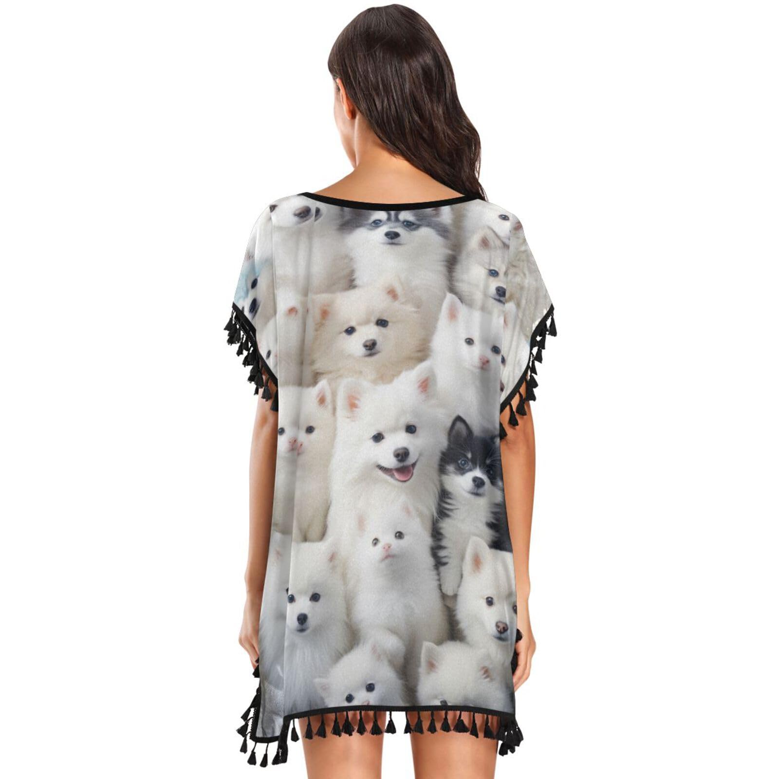 Little Animals Dogs Cats Women's Beach Cover Up Chiffon Tassel Swimwear Swimsuit Coverups for Girl