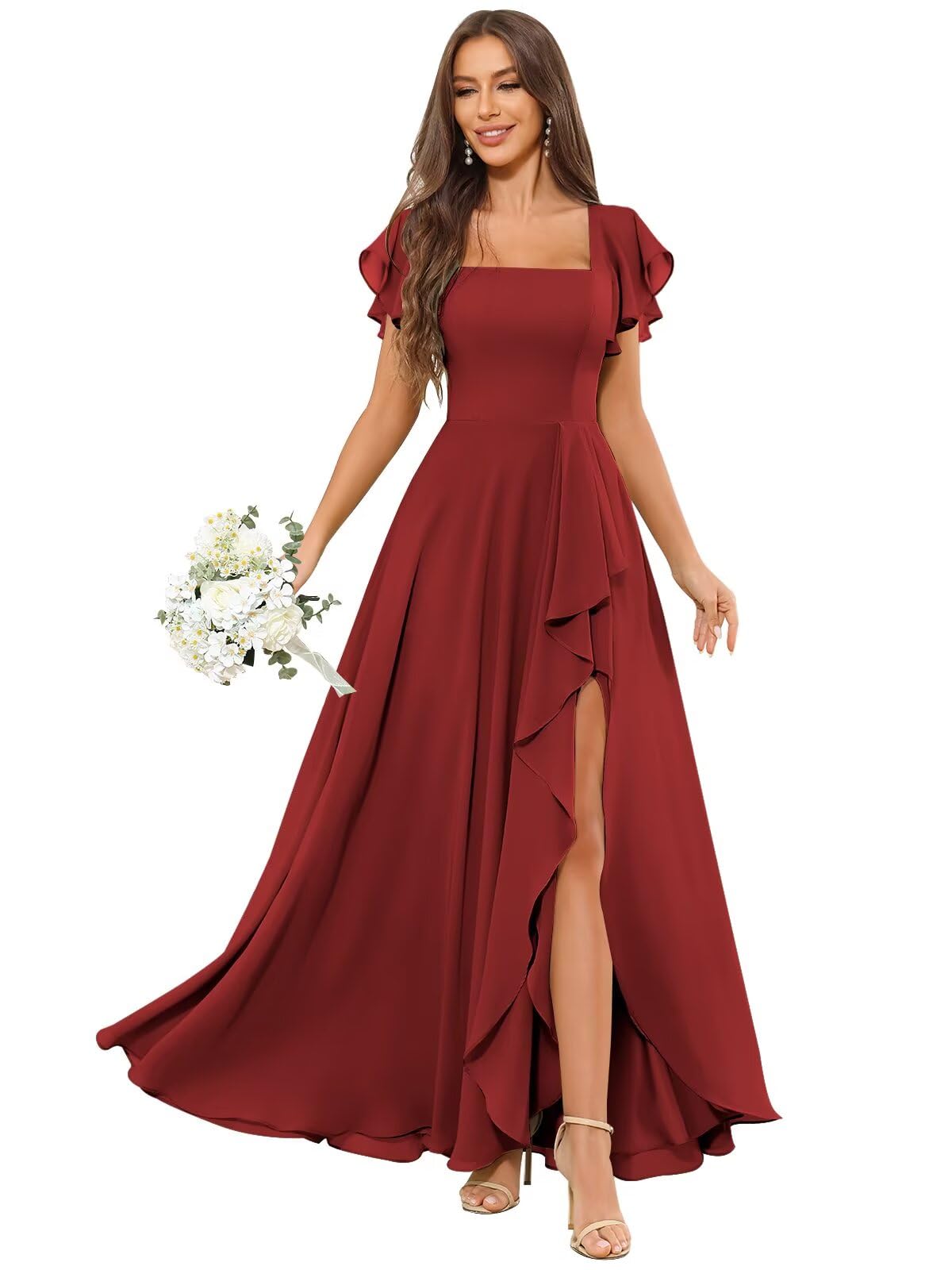PINMJEE Square Neck Chiffon Bridesmaid Dress with Slit Ruffle Short Sleeve Long Formal Evening Gowns