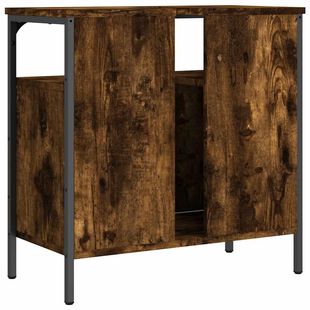 Mobile sottolavabo in legno di rovere affumicato, 60 x 30 x 60 cm, con vano portaoggetti, cassetto e porta, mobile da bagno per bagno, WC degli ospiti, montaggio a parete, salvaspazio e