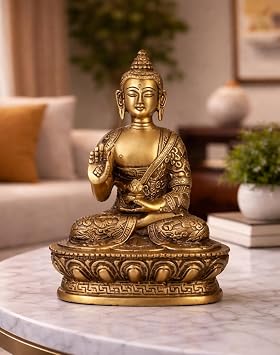 Artvarko Brass Buddha Idol تمثال بوذا مزين يدويًا ، عقيدة دينية جميلة ، نحت نحاسي عتيق ، زخرفي عتيق بالنحاس ، مجموعة قيمة ، تشطيب ريفي 7 "