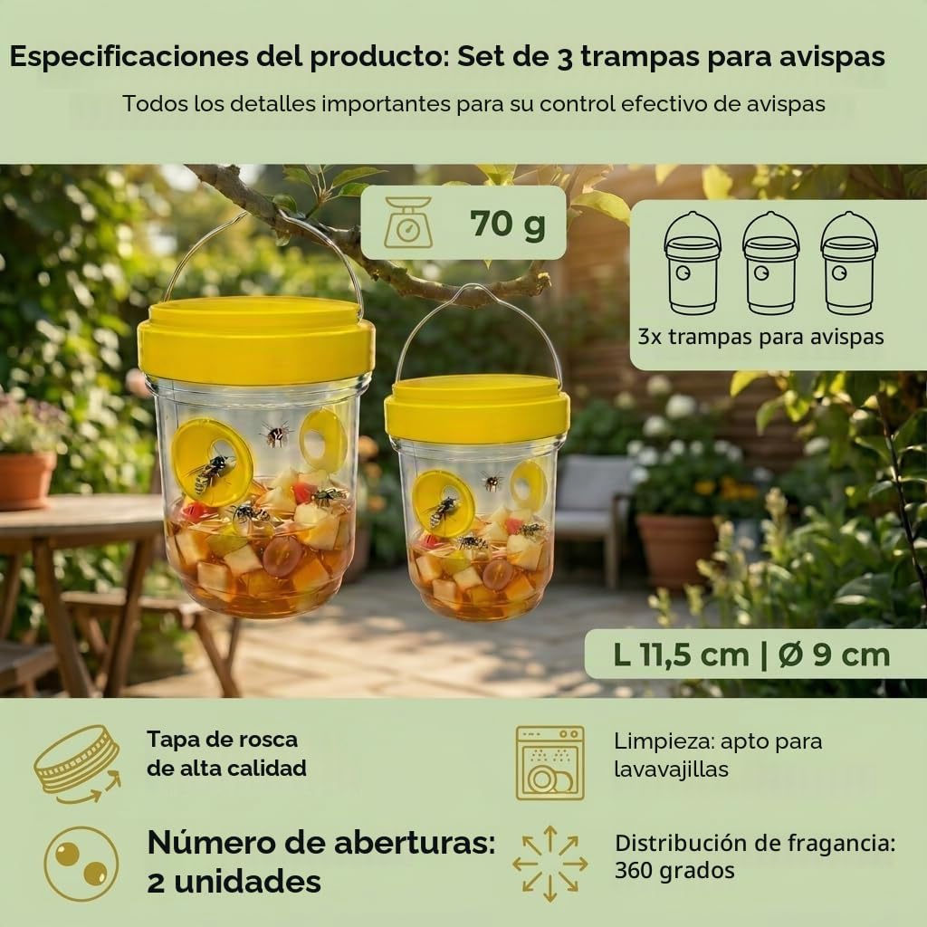 Set de 3 trampas para avispas para exteriores – trampa para avispas para jardín y balcón – trampa viva reutilizable sin productos químicos – trampa para insectos contra avispas – repelente de avispas