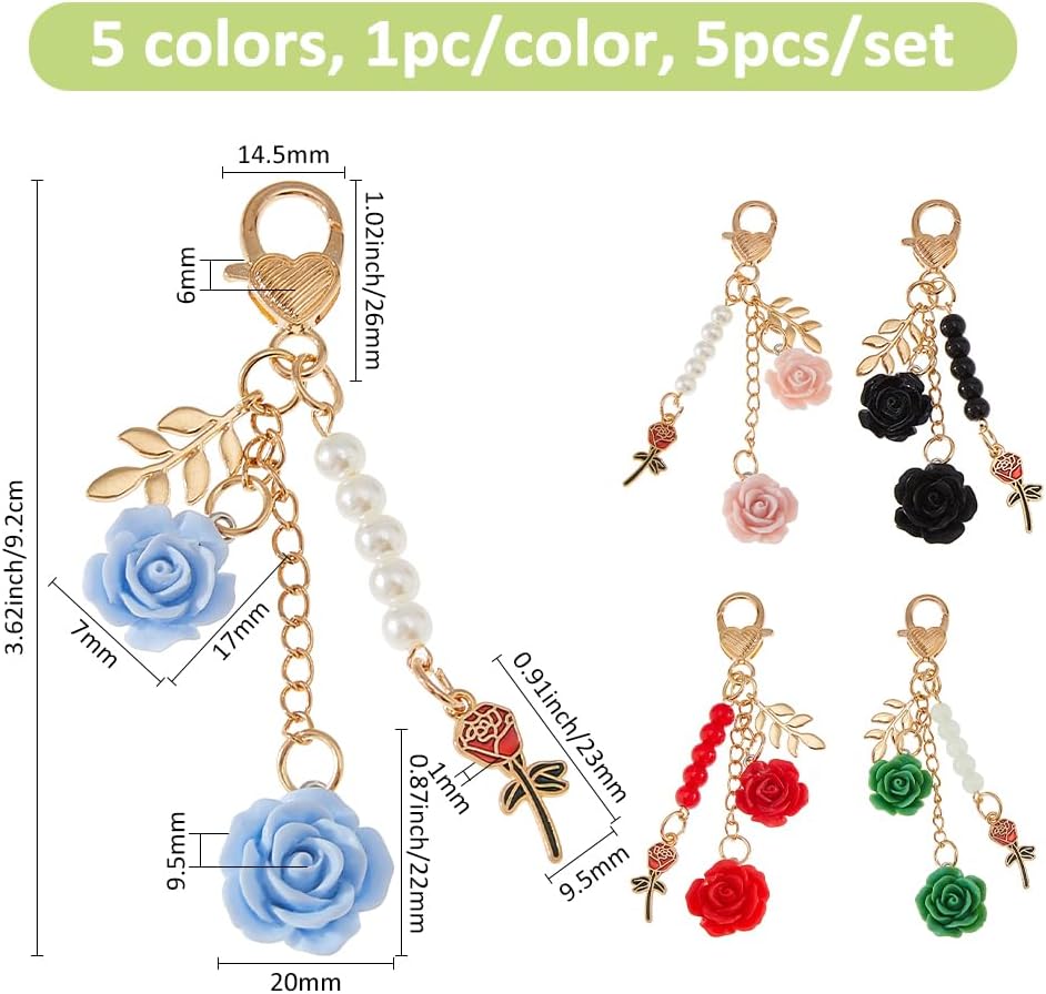 SUPERFINDINGS 5Pcs 5 Colors Flower Clip On Charms Lobster Claw Clasp Charms 3D Rose Charm Pendants Rose Keychain Flower Keychain for Key Keyring Car Bag Purse Decoration Hanging Ornaments - Image 2