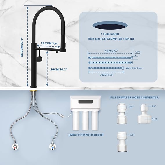 Black 3 Way Kitchen Tap,Single Handle Sink Taps Mixer with Drinking Faucet