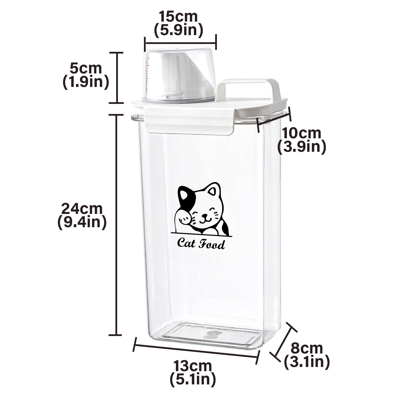 Geyecete - Contenedor de comida para gatos, 2,5 L, contenedor de croquetas de plástico transparente, caja hermética con taza medidora, portátil para viajes, libre de BPA
