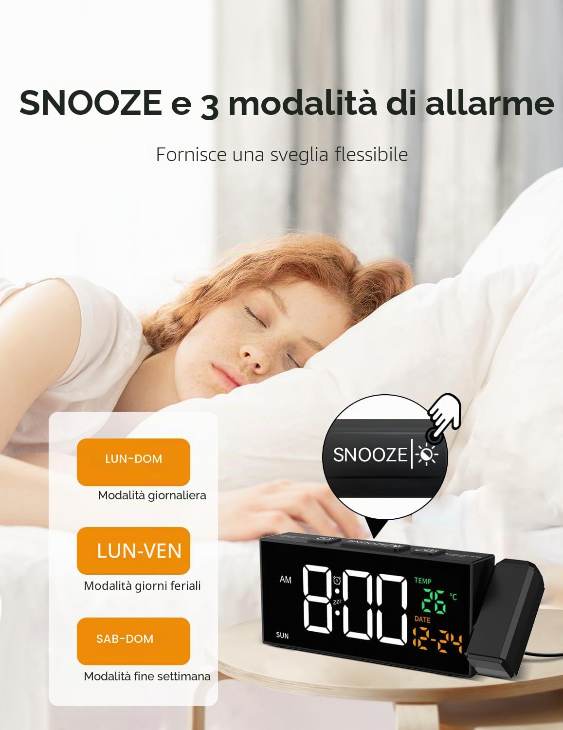 Sveglia digitale con funzione di proiezione, sveglia con proiettore a 350°, termometro, data, grande display, 10 suonerie, snooze, 5 luminosità, 4 volumi, DST manuale, sveglia rumorosa camera da letto