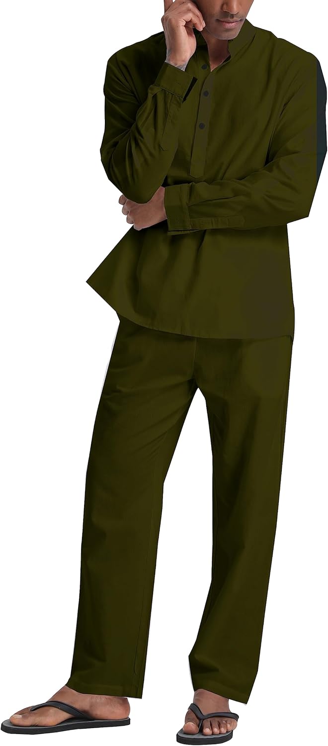 Men's Linen Sets Henley Shirts 2 Piece Vacation Outfits Beach Clothes Casual Suit Long Sleeve Shirt Yoga Pants Summer - Image 4