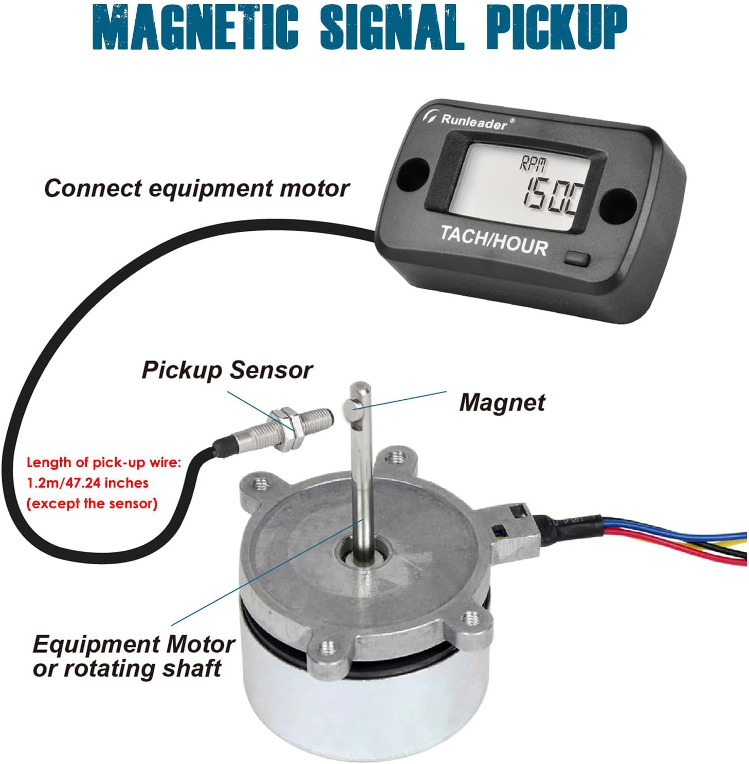 Runleader RL-HM019C Magnetic Pickup Tach/Hour Meter | Rotating Shaft, IP68 Waterproof LCD Maintenance Reminder for Pressure Washer, Air Compressor, PTO Pump, Rotary Tiller