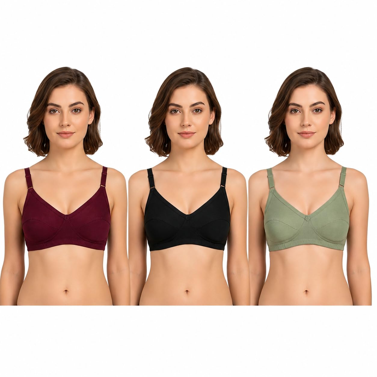 Women's Wire-Free Premium Everyday Comfort Non Padded Bra | Ultra Soft Breathable Cotton Blend Fabric | Adjustable Straps & Multi-Closure Random Colors Combo Pack of 3-image-29