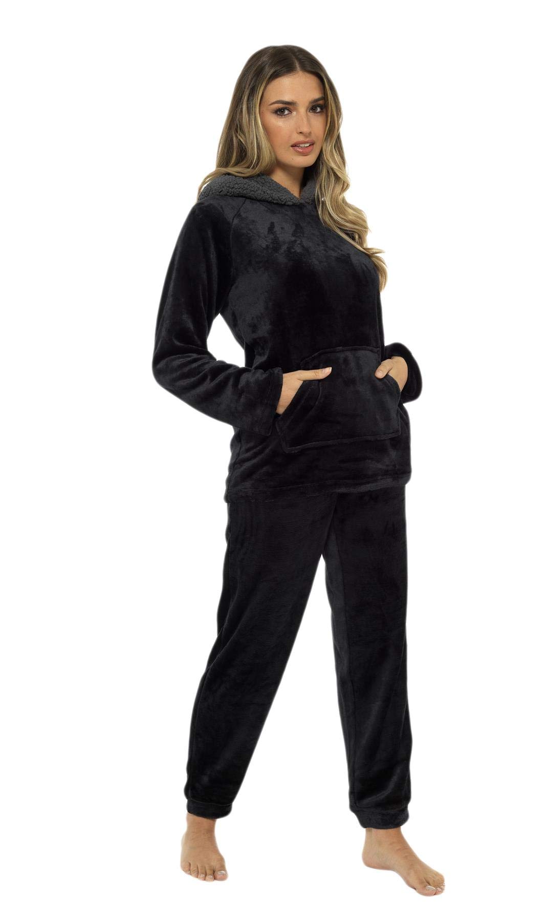 Daisy Dreamer Womens Hooded Pyjamas Super Soft Plush Fleece Teddy Pyjama Set Ladies Hoodie PJs Pajama, Black Sherpa Medium 12-14