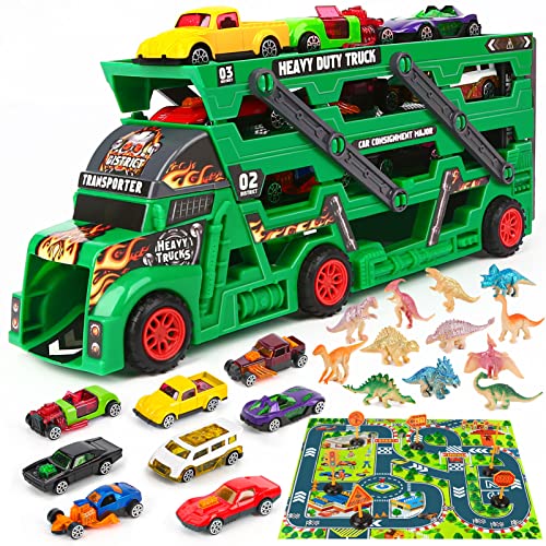 Aoskie Dinosaur Transport Carrier Truck Car with Mini Dinosaur, Car Toys, Play Mat and Road Signs, 29 PCS Hauler Truck Play Vehicles Set Gifts for Boys and Girls